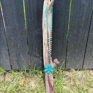 Turquoise and Brown Beaded Necklace with Flower Pendant